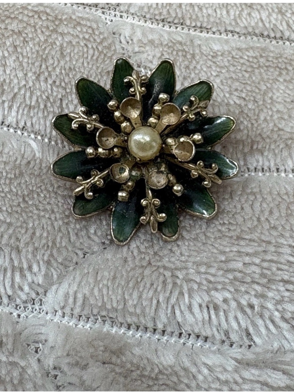 Green Enamel Floral Brooch with Faux Pearl Accent